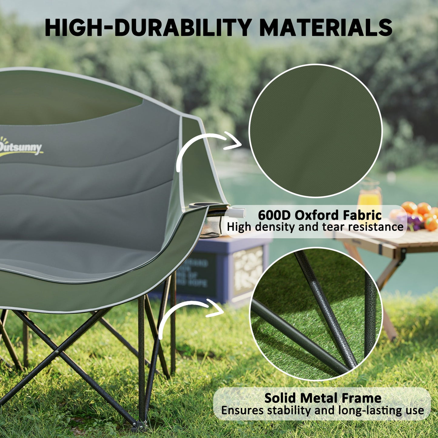 Double Camping Chair for Adults, Oversized Heavy Duty Padded Folding Chair with Armrests, Cup Holders and Carry Bag for Outdoor Camping Hiking Picnic Fishing, 250kg Capacity, Green-4