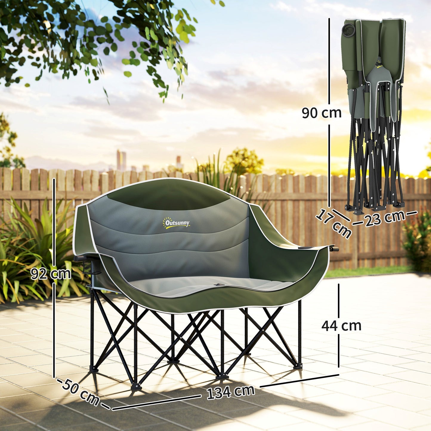 Double Camping Chair for Adults, Oversized Heavy Duty Padded Folding Chair with Armrests, Cup Holders and Carry Bag for Outdoor Camping Hiking Picnic Fishing, 250kg Capacity, Green-2