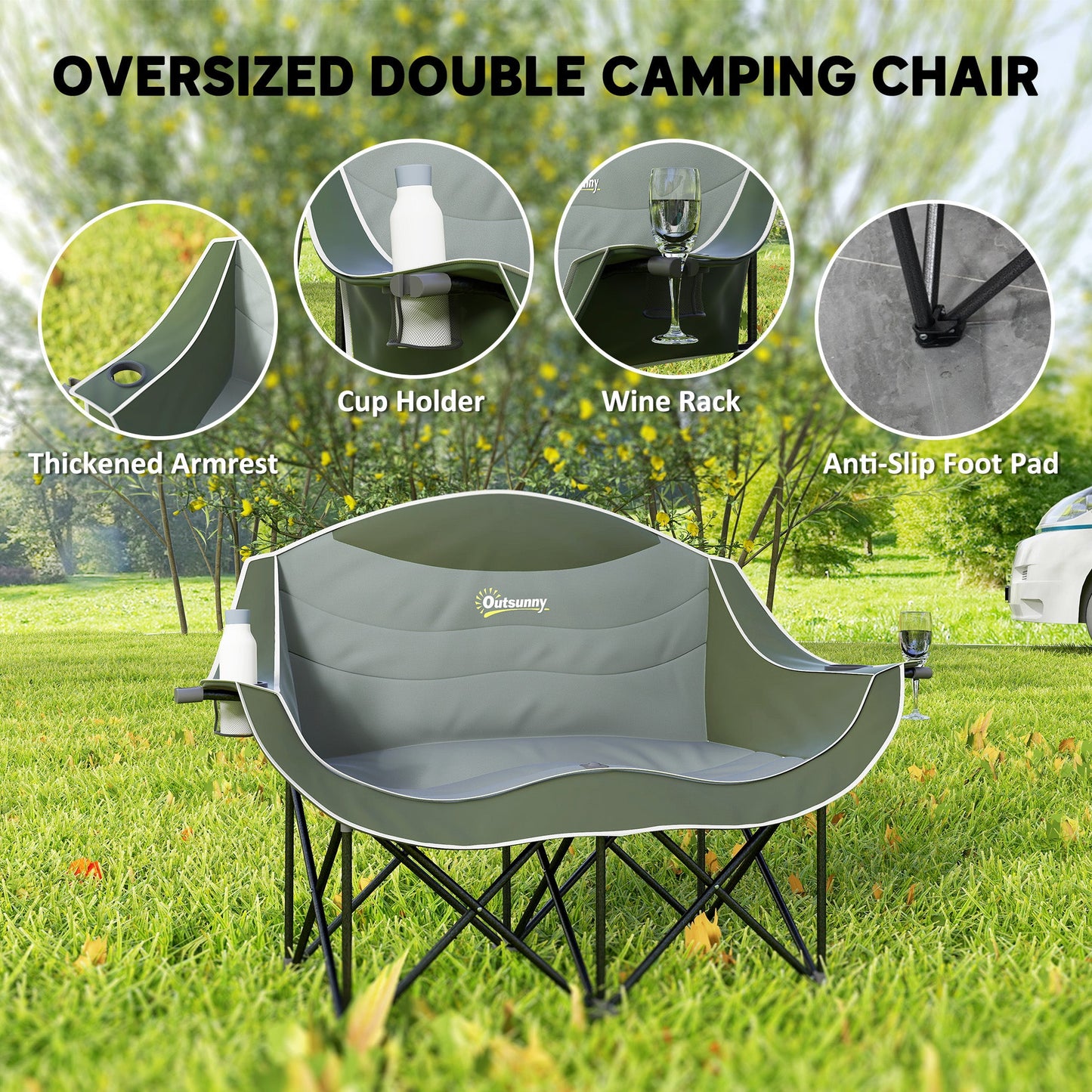 Double Camping Chair for Adults, Oversized Heavy Duty Padded Folding Chair with Armrests, Cup Holders and Carry Bag for Outdoor Camping Hiking Picnic Fishing, 250kg Capacity, Green-3