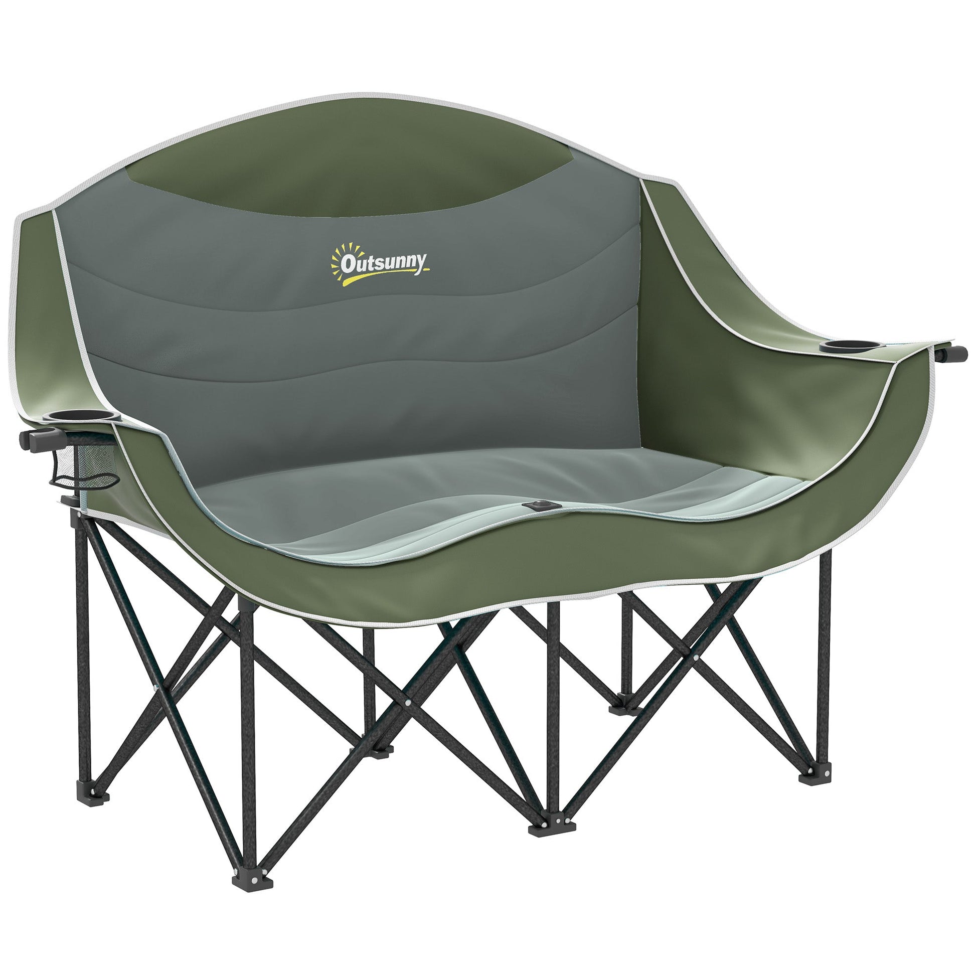 Double Camping Chair for Adults, Oversized Heavy Duty Padded Folding Chair with Armrests, Cup Holders and Carry Bag for Outdoor Camping Hiking Picnic Fishing, 250kg Capacity, Green-0