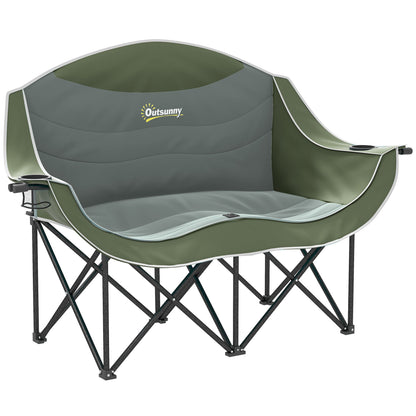 Double Camping Chair for Adults, Oversized Heavy Duty Padded Folding Chair with Armrests, Cup Holders and Carry Bag for Outdoor Camping Hiking Picnic Fishing, 250kg Capacity, Green-0