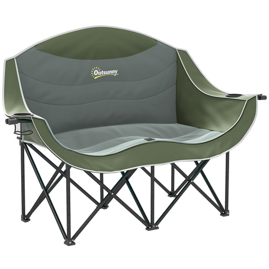 Double Camping Chair for Adults, Oversized Heavy Duty Padded Folding Chair with Armrests, Cup Holders and Carry Bag for Outdoor Camping Hiking Picnic Fishing, 250kg Capacity, Green-0