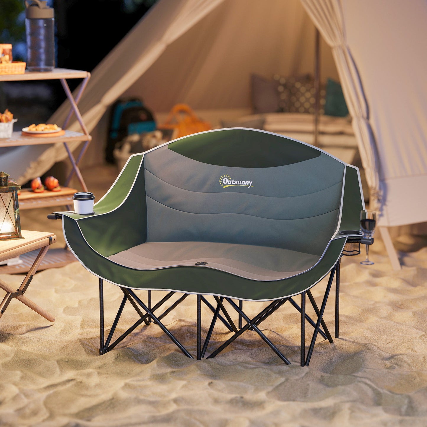 Double Camping Chair for Adults, Oversized Heavy Duty Padded Folding Chair with Armrests, Cup Holders and Carry Bag for Outdoor Camping Hiking Picnic Fishing, 250kg Capacity, Green-1