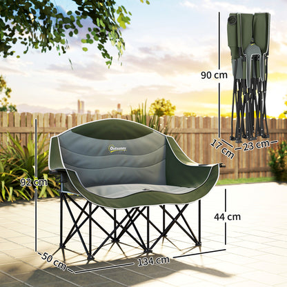 Double Camping Chair for Adults, Oversized Heavy Duty Padded Folding Chair with Armrests, Cup Holders and Carry Bag for Outdoor Camping Hiking Picnic Fishing, 250kg Capacity, Green-2