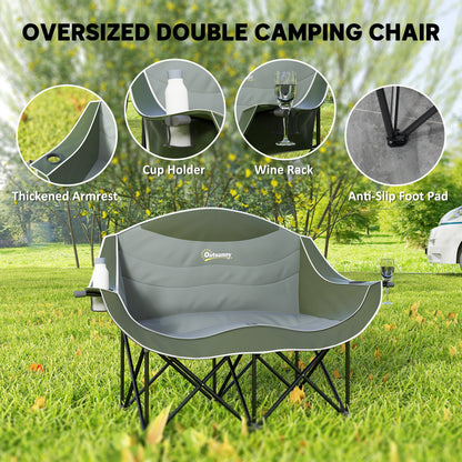 Double Camping Chair for Adults, Oversized Heavy Duty Padded Folding Chair with Armrests, Cup Holders and Carry Bag for Outdoor Camping Hiking Picnic Fishing, 250kg Capacity, Green-3
